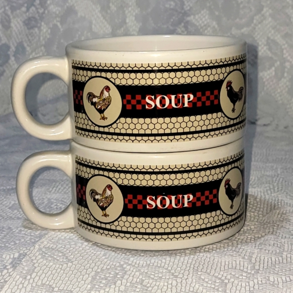 Vintage Set of 2 Farmhouse Soup Bowl Mug Chicken Rooster Houston Harvest